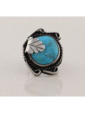 Sterling Silver Natural Round Turquoise Leaf Design Ring Size 7